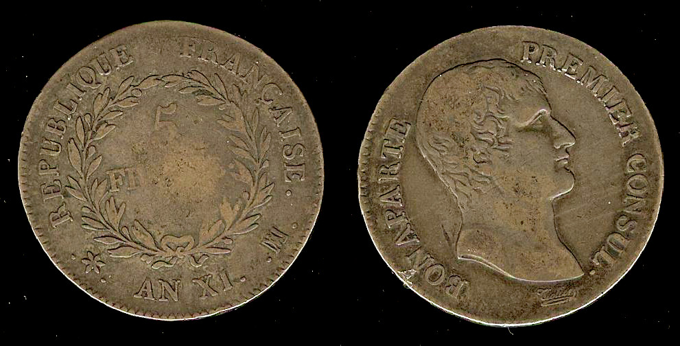 5 francs Bonaparte Premier Consul 1803 Marseille TB+